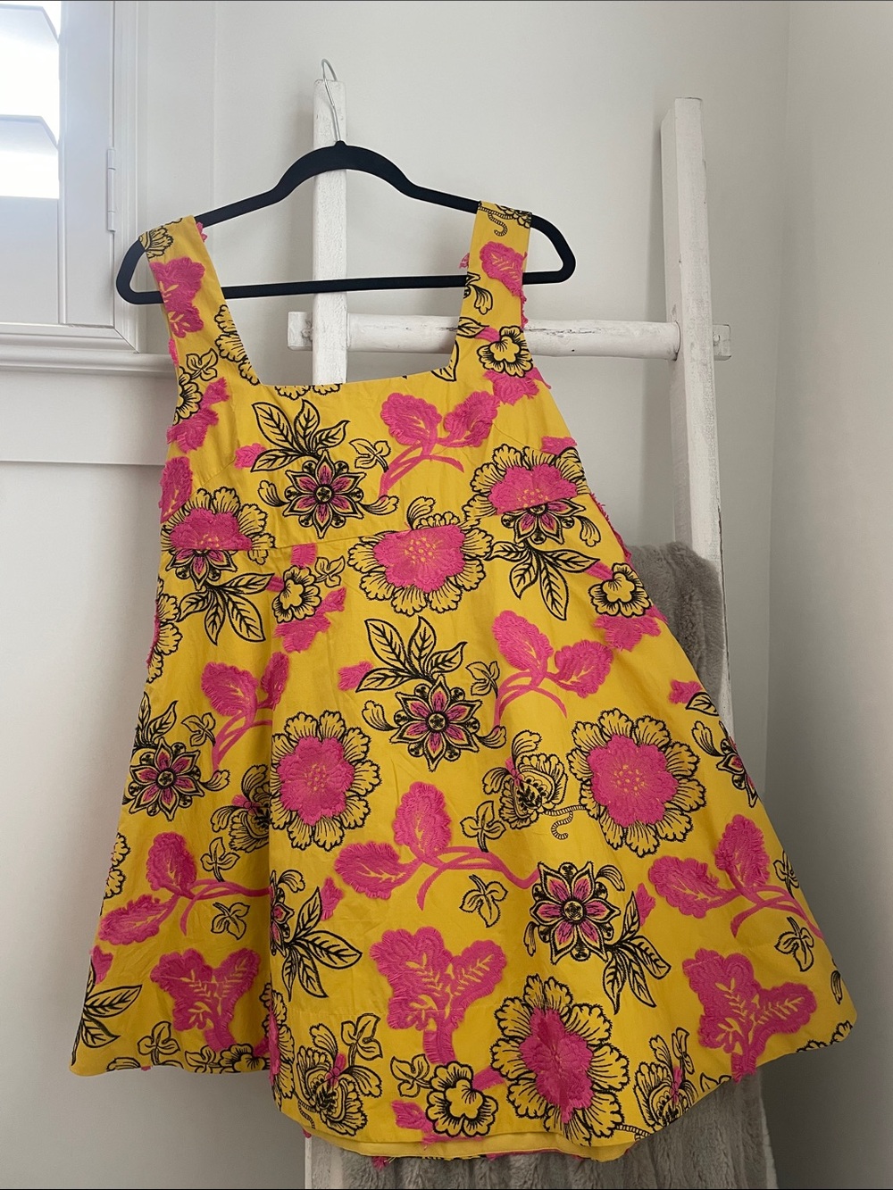 Anthropologie Yellow Mini Dress with Pink & Black Floral Print